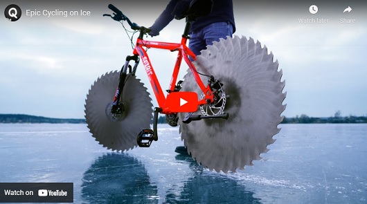 DIY改造自行車，圓鋸片代替輪胎冰上飆速真拉風